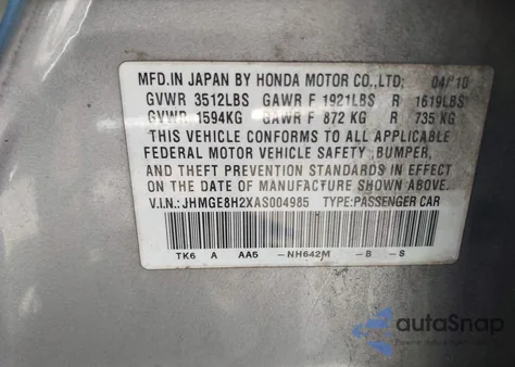 2010 Honda Fit z USA, uszkodzony, nr VIN JHMGE8H2XAS004985